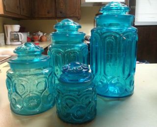Vintage L.  E.  Smith Blue Glass Moon And Stars Canisters Set Of 4