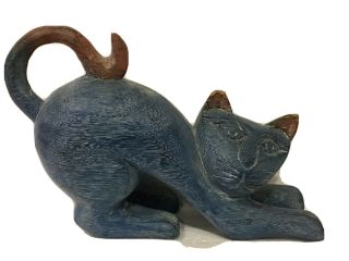 Vintage Hand Carved Wood Painted Blue Rustic Folk Art Crouching Cat 12 " Figurine
