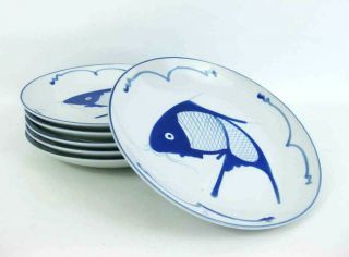 Vintage Large Chinese Cobalt Blue Koi Carp Fish Shallow Noodle Bowls (6) 9 "