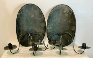 Vintage Large Black Tin Turtleback Wall Sconces With 3 Candleholders