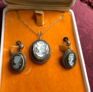 Vintage Sterling Mother Of Pearl Cameo Necklace And Earrings Set Italy Coppola