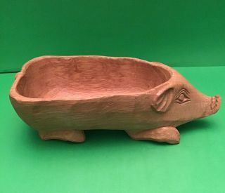 Vintage 9” Carved Solid Wood Pig Bowl Hand Carved Wooden Centerpiece Hog Piggy