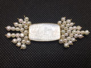 Vintage Solid 14k Yellow Gold Carved Mother Of Pearl Brooch Pin W/ Pearls Asian