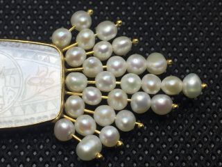 Vintage Solid 14k Yellow Gold Carved Mother of Pearl Brooch Pin w/ Pearls Asian 3