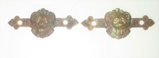 Antique Victorian Pair Pressed Brass Lions Face Back Plates For Drawer Pulls