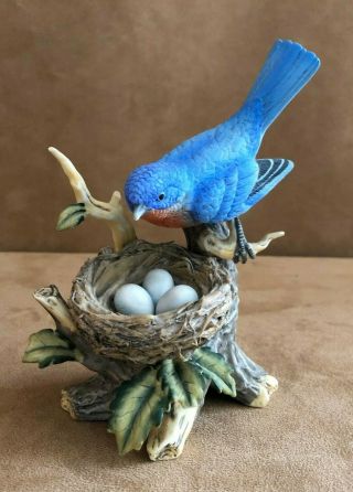Vintage Enesco Blue Bird Figurine On Branch 1980 Nest Of Eggs Tree Figurine Jar