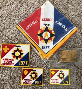 (5) Bsa 1977 National Scout Jamboree Items; Patches Belt Buckle Neckerchief Etc