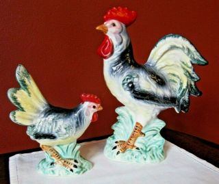 Vtg Ceramic Hen & Rooster Figurines (2) Ries,  Japan Hand Decorated
