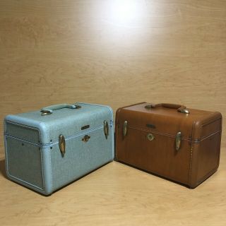 Vintage Samsonite Train Case Make Up Suitcase Carry On Set Of 2 Blue And Brown