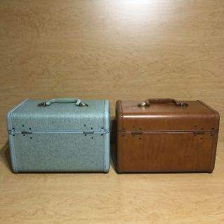 Vintage Samsonite Train Case Make Up Suitcase Carry On Set Of 2 Blue And Brown 3