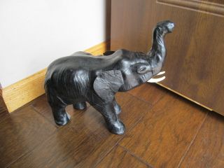 Leather Wrapped Black Elephant Trunk Up With Tusks Figure Statue