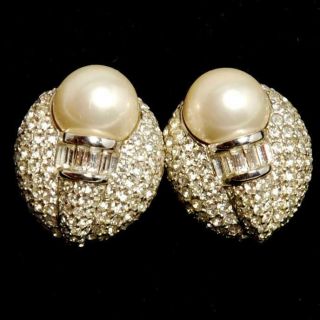 Vintage Ciner Signed Clip On Earrings With Rhinestones & Mabe Pearl