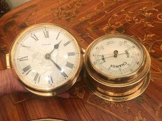 Antique Vintage Junghans Quartz Ship Brass Maritime Marine Clock And Barometer