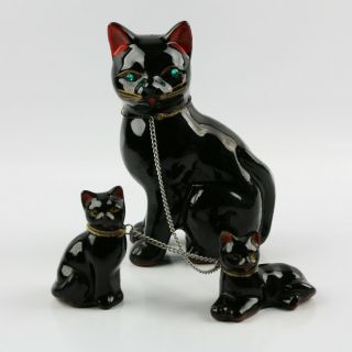 Vintage Mid Century Black Ceramic Mother Cat W/ Green Eyes & Chained Kittens