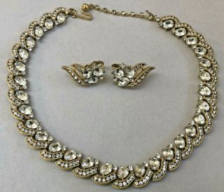 Vintage Trifari Rhinestone Necklace & Earrings Goldtone Metal