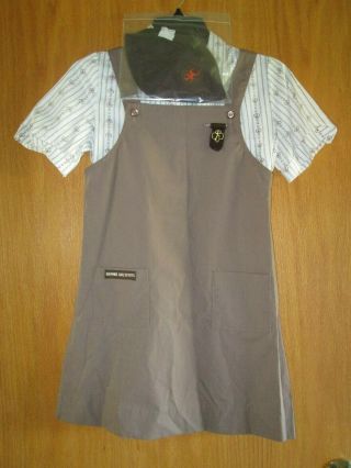 Vintage Brownie Girl Scout Uniform W/ Beanie Pin Dress Jumper Shirt Size 10