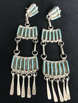 Vtg Zuni Petit Point Turquoise Sterling Silver Dangle Chandelier Earrings 13g