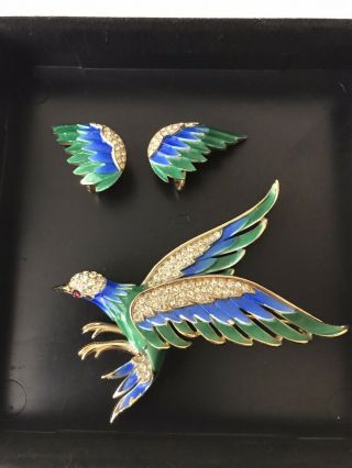 Vtg Crown Trifari Blue Green Enamel Rhinestone Bird Pin Brooch And Earrings