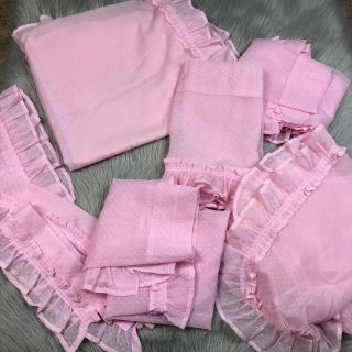 Vintage Sheer Pink Flocked Swiss Dot Ruffle Curtain Fabric Set Material