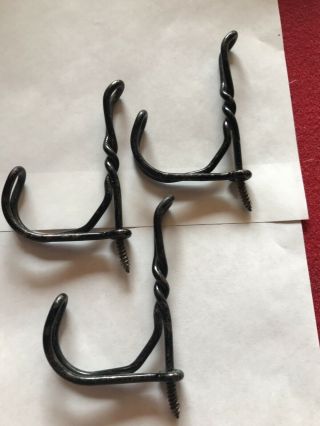 3 Vintage Twisted Metal Wire Coat Hooks Closet Hardware Old Black Paint