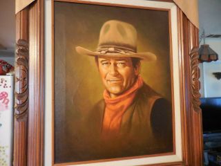 Vintage Oil On Canvas Painting Of The Duke John Wayne With Hat Signed Delmendo