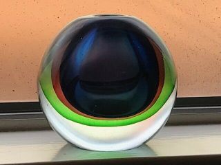 Vintage Sommerso Murano Italian Art Glass Electric Blue Red Green Round Vase Mcm