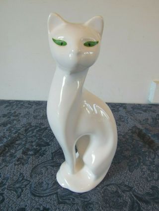 Vintage Mid - Century Mcm 12” White Ceramic Green Eye Cat Statue