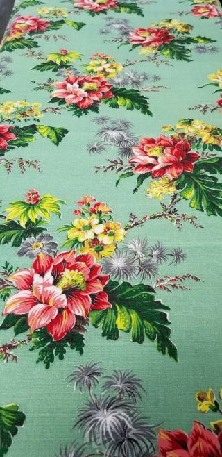 Vintage 40 ' s Barkcloth Green floral Fabric 2