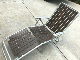 2 Vtg Redwood Slat Aluminum Frame Chaise Lounge Folding Lawn Chair Mcm Retro