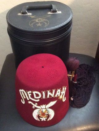 Vintage Masonic Shriners Jeweled Medinah Fez Hat 7 1/8 In Carrying Case