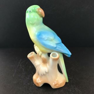 Vintage E & R Erphila Germany Parakeet Budgie Parrot Bird 3 - Hole Vase Blue Green