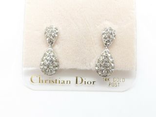 Christian Dior Vintage Nwt Silver Tone Crystal Dangle Earrings,  14k Gold Posts