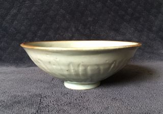 18th Century Antique Chinese Celadon Glazed Carved Lotus Porcelain Bowl