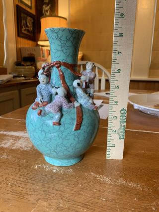 Vintage Turquoise Chinese Porcelain “boys” Vase