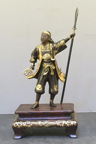 Important Japanese Meiji Miyao Bronze Okimono - Samurai W/ Fan & Spear