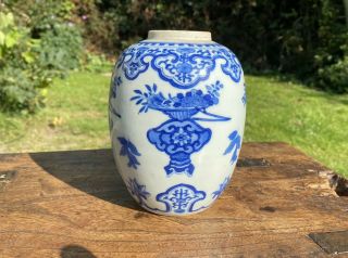 Chinese Kangxi Period 1662 - 1722 Blue And White Porcelain Jar Decorated Flowers