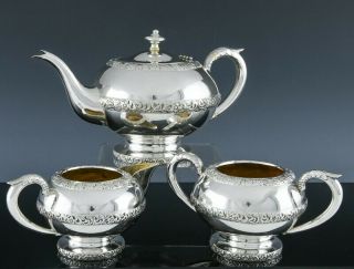 Fine Chinese Export Sterling Silver 3 Piece Tea Set Teapot Cream Jug Sugar Bowl
