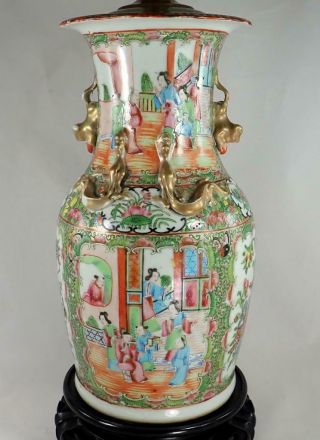 Antique Chinese 19th C.  Famille Rose Medallion Porcelain Vase Lamp Figures Qing
