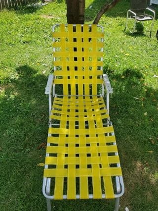 Vintage Aluminum Webbed Folding Chaise Lounge Chair Adjustable Yellow White 1970