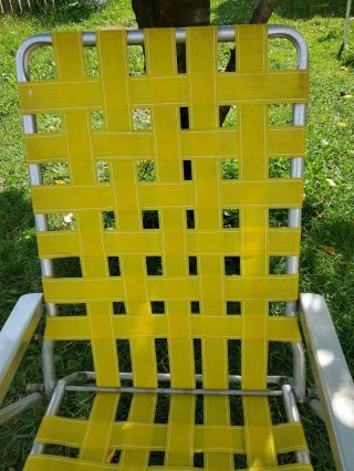 Vintage Aluminum Webbed Folding Chaise Lounge Chair Adjustable Yellow white 1970 3