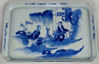 Antique Chinese 19th/20th C.  Blue White Porcelain Tea Tray Figures Garden Qing