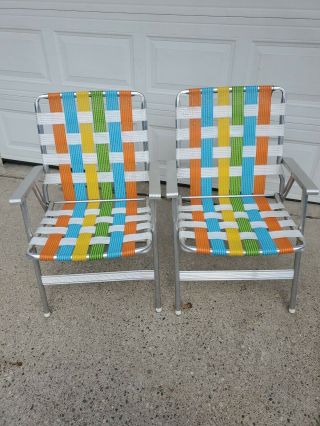 Vintage,  2 Aluminum Folding Webbed Lawn Chairs White Green Yellow Blue Orange