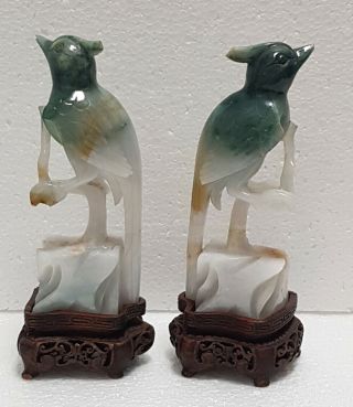 Antique Chinese Pair Carved Jade Birds With Wood Stands