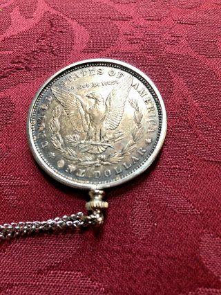 Vintage Morgan Silver Dollar Coin Necklace Pendant W Silver Bezel And Chain