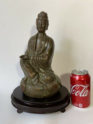 Chinese Antique Bronze Kwan Yin Statue (wood Stand Not)