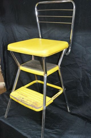 Vintage Cosco Chrome Yellow Kitchen Chair Step Stool Flip Seat Retro 1950s Mid
