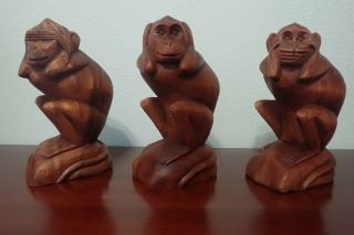 Vintage Wood Carved 3 Wise Monkeys Hear Speak See No Evil