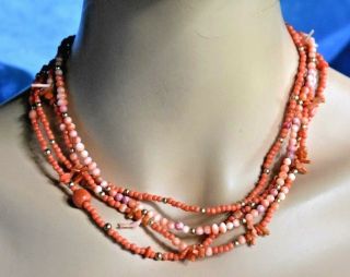 Vintage 4 Strand Natural Red & Orange Mediterranean Coral Bead Easy On Necklace