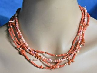 Vintage 4 Strand Natural Red & Orange Mediterranean Coral Bead Easy On Necklace 3