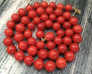 Antique Old Stock Natural Red Coral Necklace 18k Gold Clasp 750 Mark
